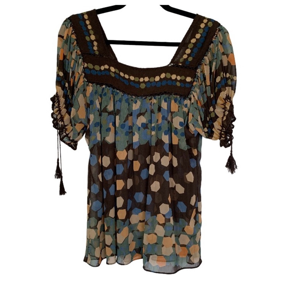 YVOS Dressbarn Sheer Boho Blouse Brown/Blue/Green Tassel Short Sleeve Sq. Neck M